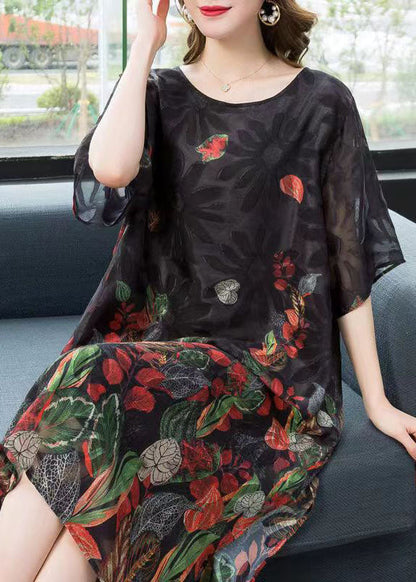 Black O Neck Print Patchwork Chiffon Mid Dress Summer