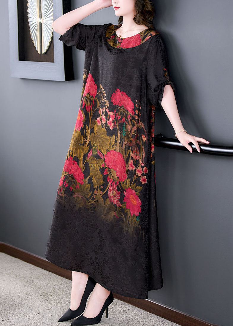 Black O Neck Print Patchwork Silk Long Dress Summer