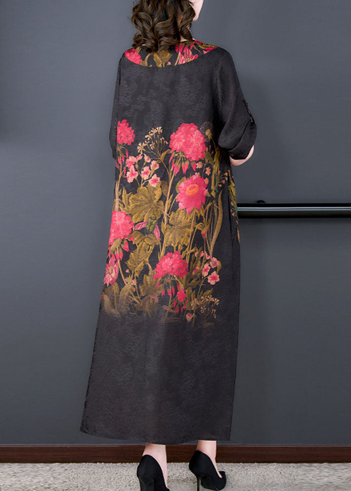 Black O Neck Print Patchwork Silk Long Dress Summer