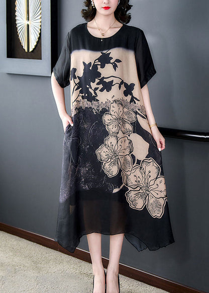 Black O Neck Print Patchwork Silk Long Dresses Summer