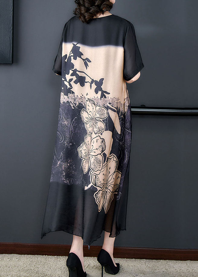 Black O Neck Print Patchwork Silk Long Dresses Summer