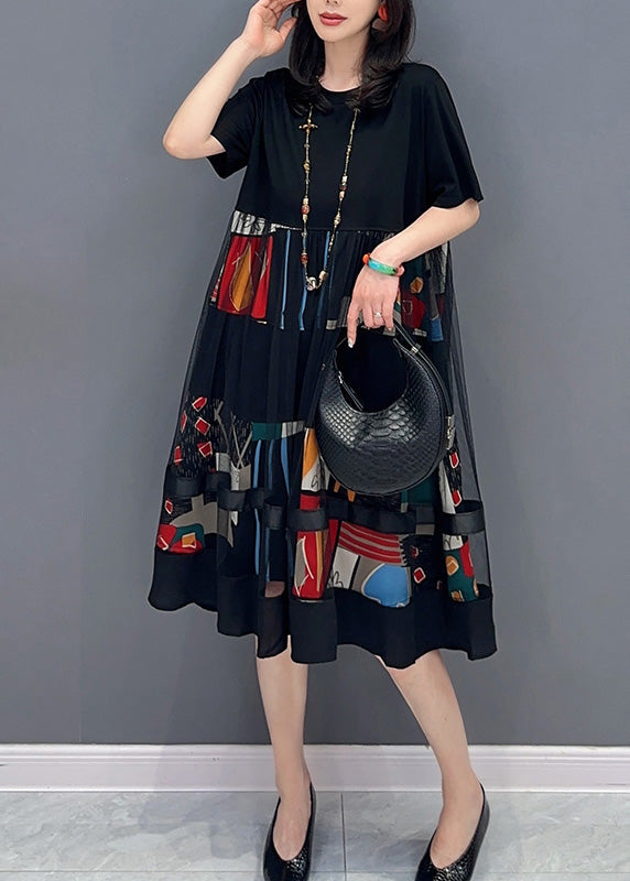 Black O-neck Print Patchwork Tulle Long Dress Short Sleeve