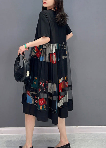 Black O-neck Print Patchwork Tulle Long Dress Short Sleeve