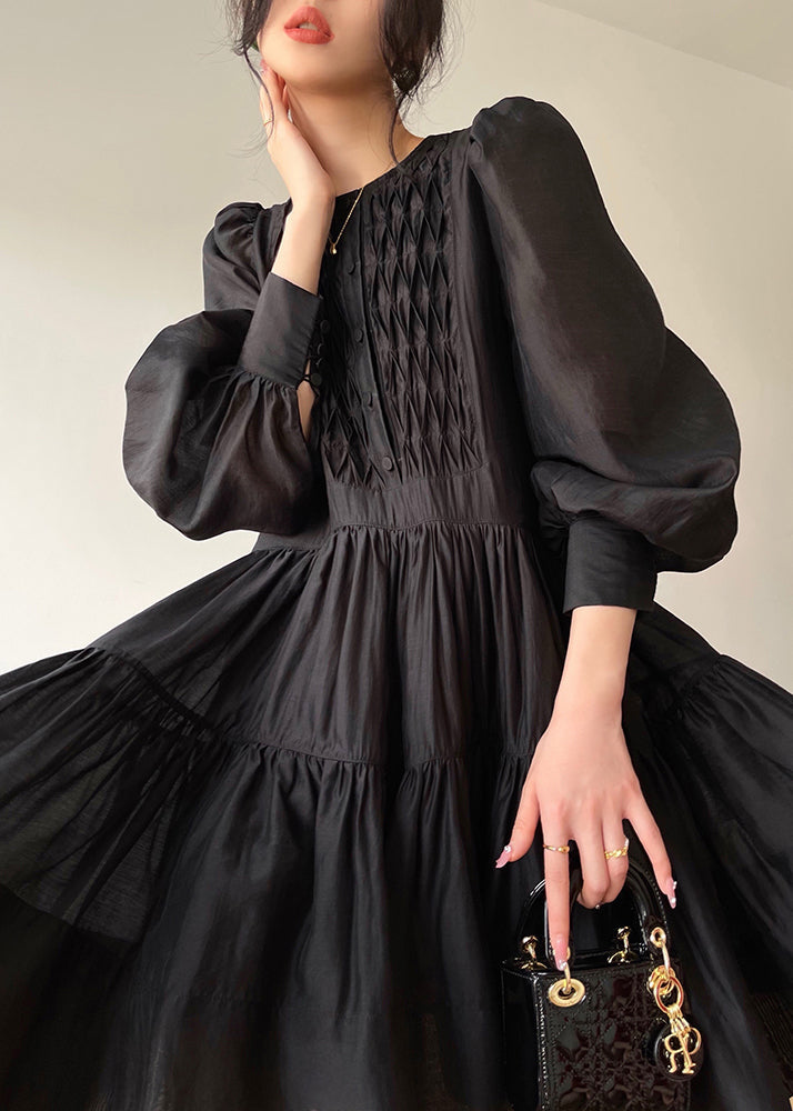 Black O-neck Print Silk Mid Dress Long Sleeve