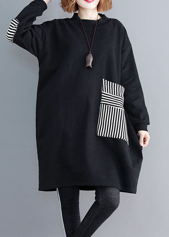 Black O-neck Striped Patchwork Mid Dress Long Sleeve