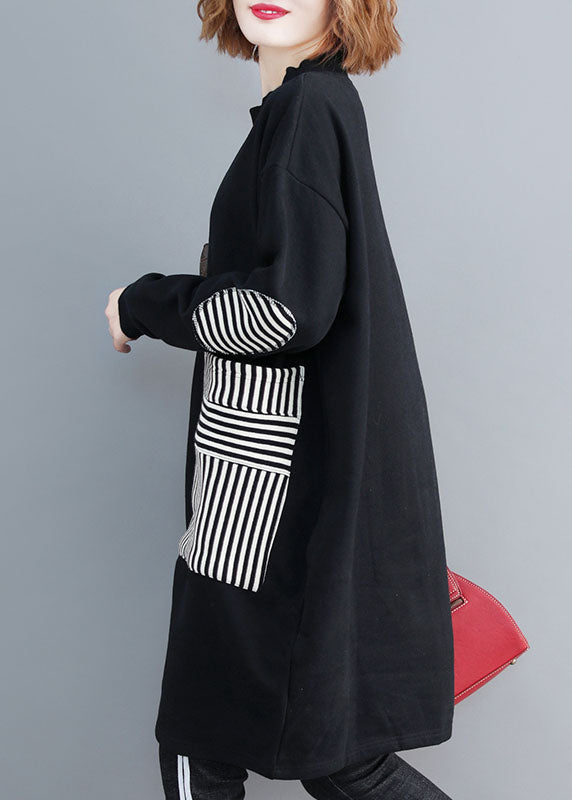 Black O-neck Striped Patchwork Mid Dress Long Sleeve
