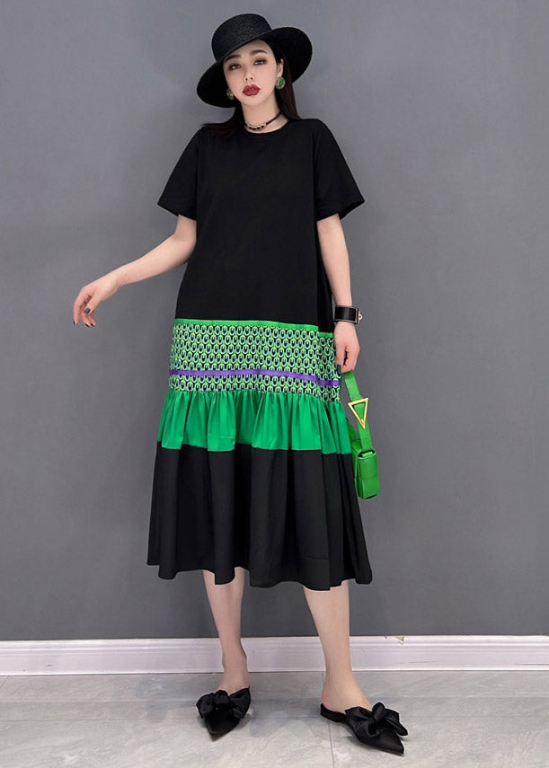 Black O-neck T Shirt Patchwork Fishtail Dress Short Sleeve