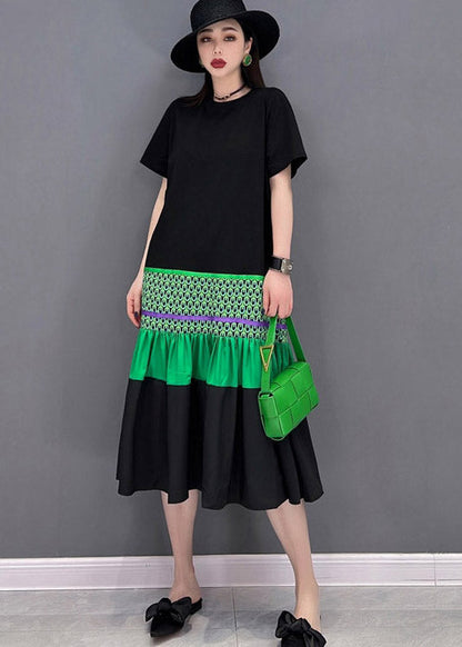 Black O-neck T Shirt Patchwork Fishtail Dress Short Sleeve