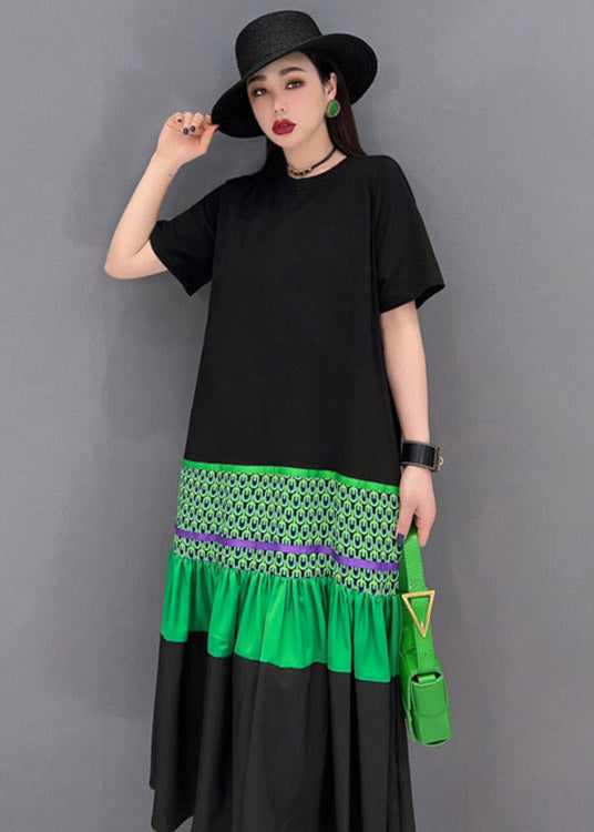 Black O-neck T Shirt Patchwork Fishtail Dress Short Sleeve