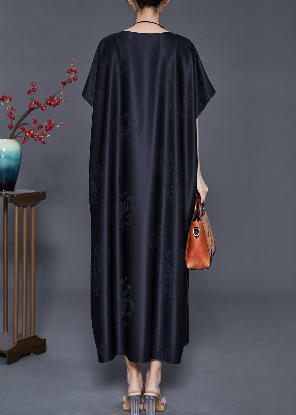 Black Oversized Jacquard Silk Dresses Summer