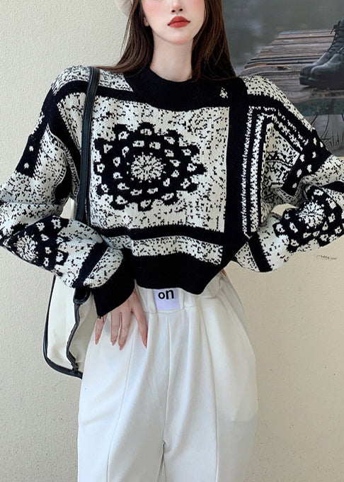 Black Oversized Jacquard Knit Short Sweater Spring