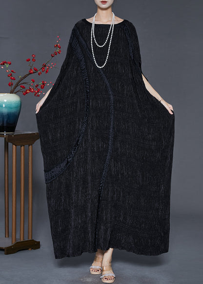 Black Oversized Patchwork Cotton Long Dress Batwing Sleeve