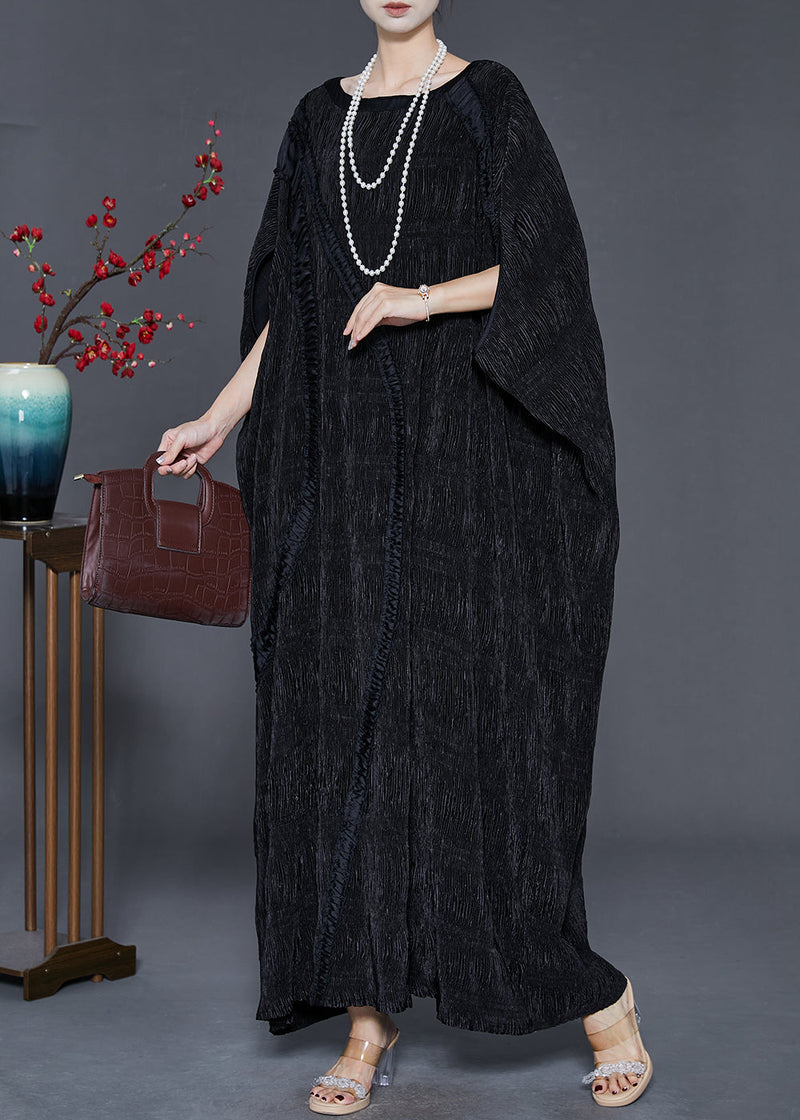 Black Oversized Patchwork Cotton Long Dress Batwing Sleeve