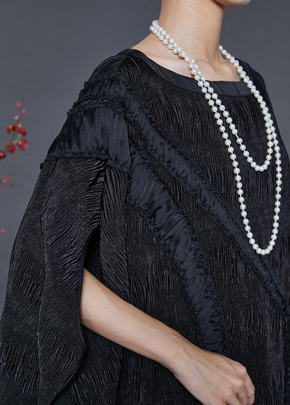 Black Oversized Patchwork Cotton Long Dress Batwing Sleeve