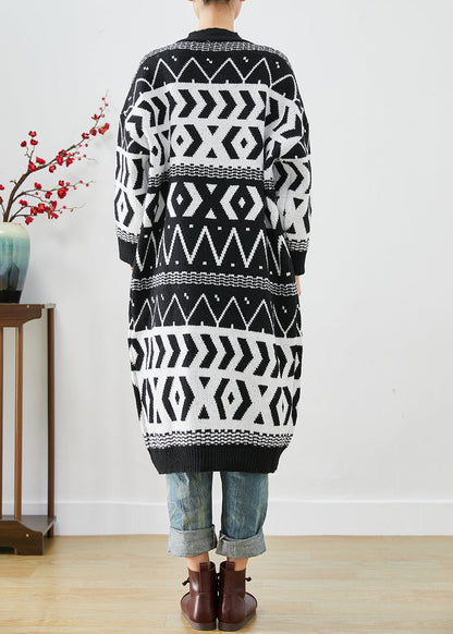 Black Oversized Print Knit Long Cardigans Fall