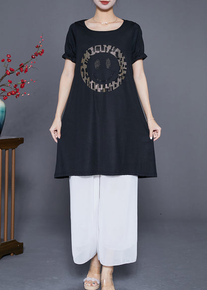 Black Oversized Smiling Face Zircon Chiffon Dresses Summer