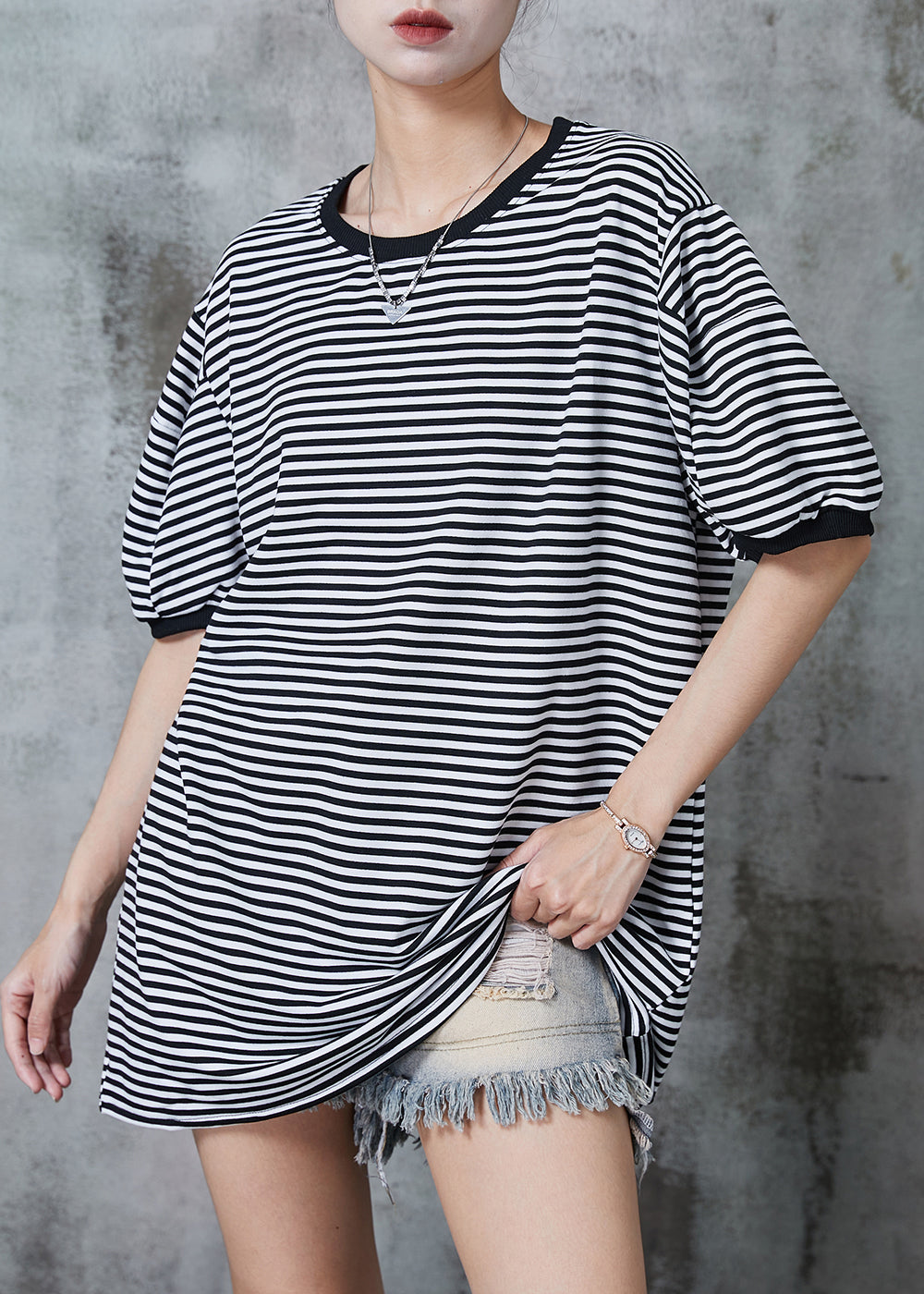 Black Oversized Striped Cotton Tank Tops Summer
