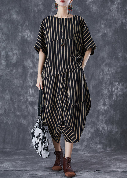 Black Oversized Striped Linen Sets 2 Pieces Summer