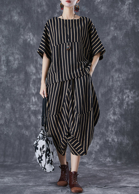 Black Oversized Striped Linen Sets 2 Pieces Summer