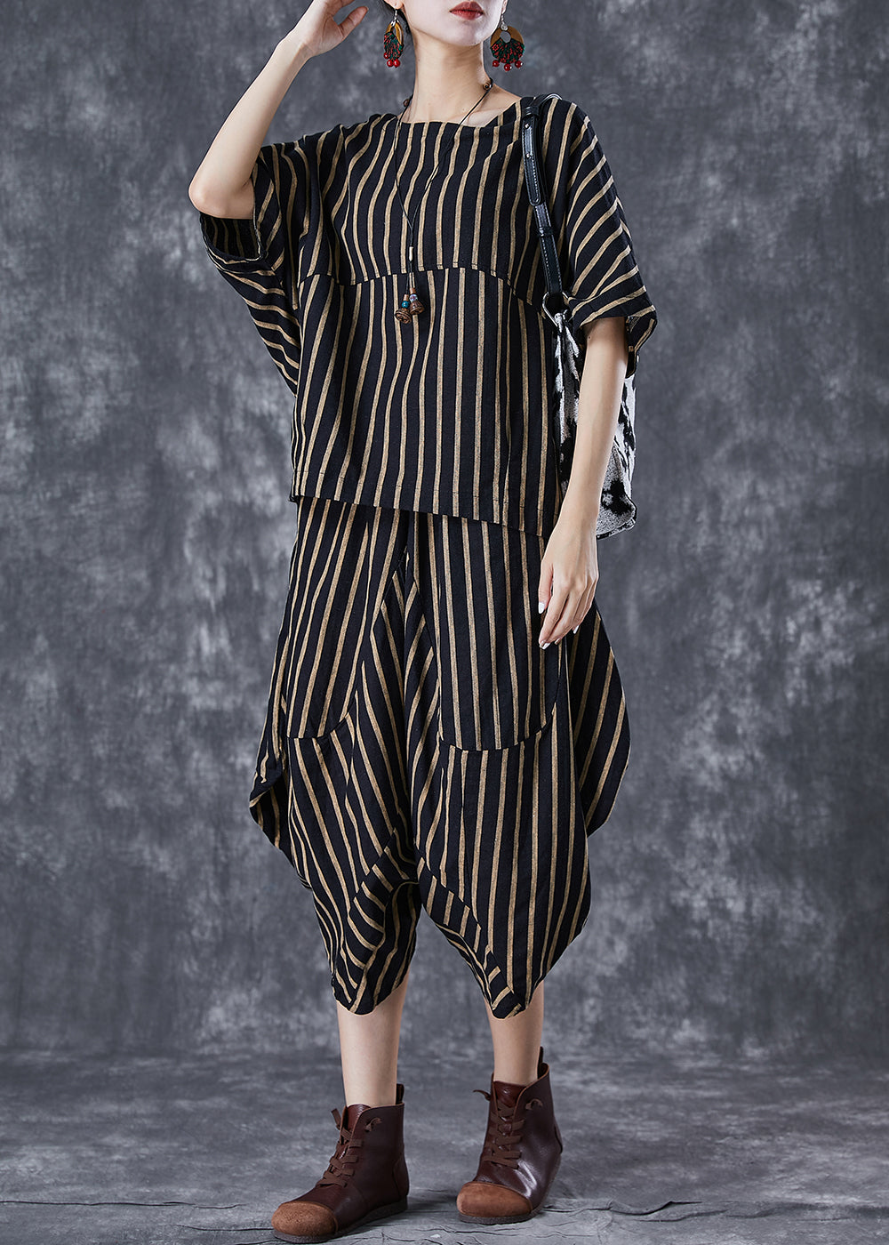 Black Oversized Striped Linen Sets 2 Pieces Summer