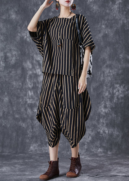 Black Oversized Striped Linen Sets 2 Pieces Summer