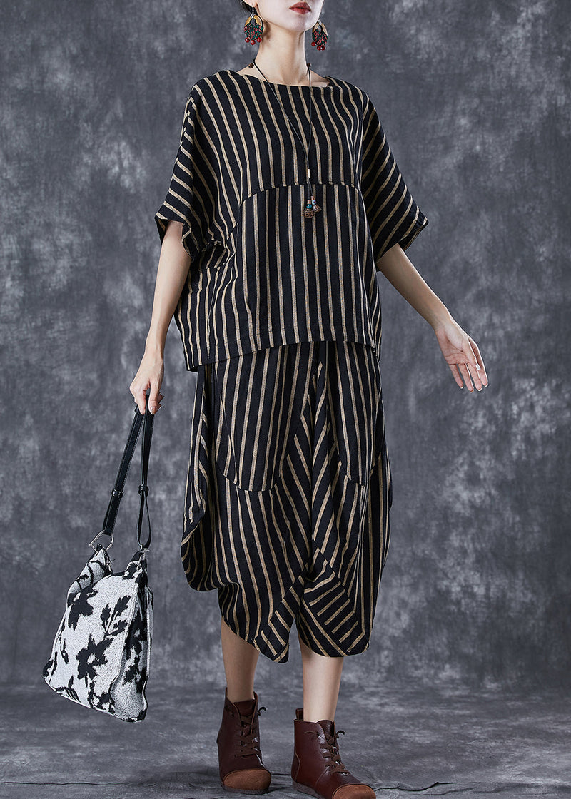 Black Oversized Striped Linen Sets 2 Pieces Summer