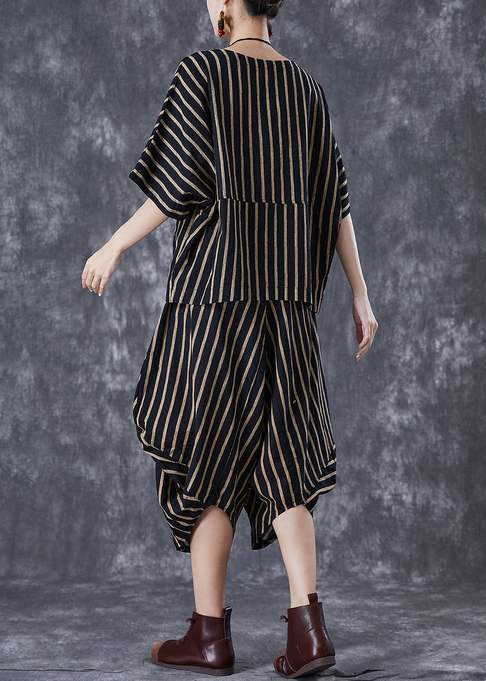 Black Oversized Striped Linen Sets 2 Pieces Summer