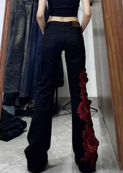 Black Patchwork Rose Decorated Denim Flared Trousers Spring