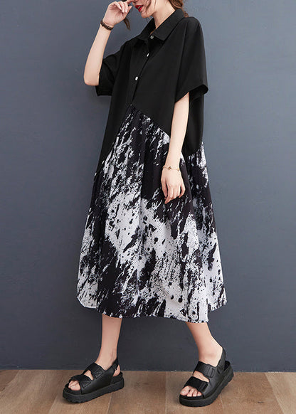Black Peter Pan Collar Button Asymmetrical Print Shirt Dress Short Sleeve