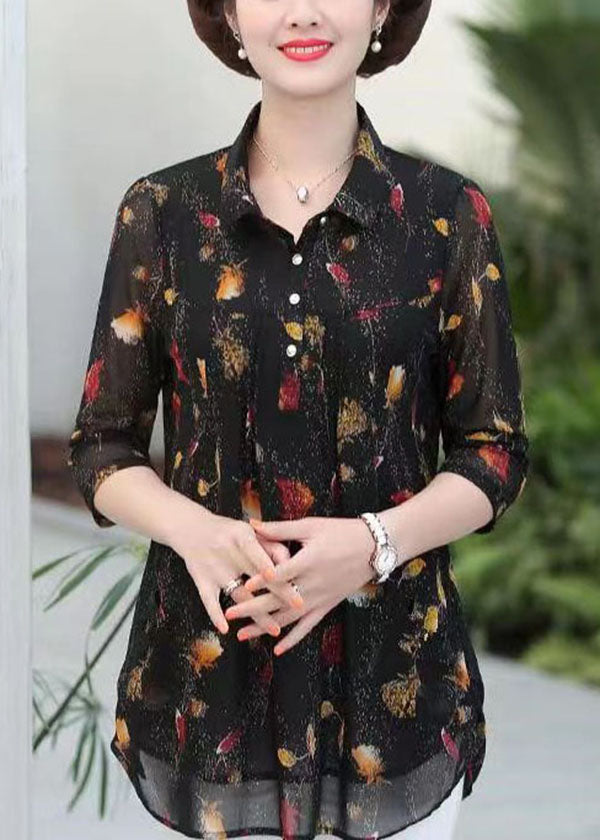 Black Peter Pan Collar Print Patchwork Silk Shirts Top Summer