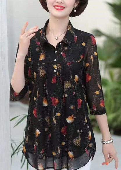 Black Peter Pan Collar Print Patchwork Silk Shirts Top Summer