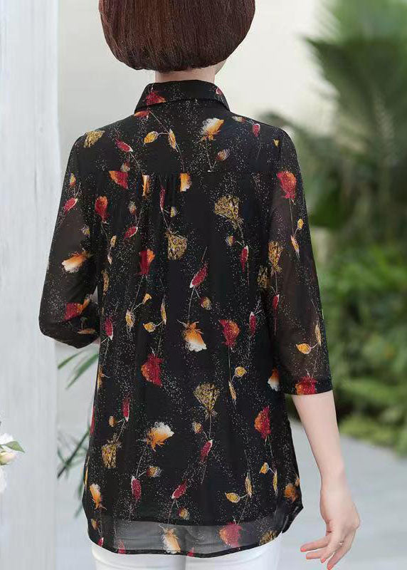 Black Peter Pan Collar Print Patchwork Silk Shirts Top Summer