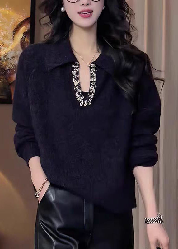 Black Peter Pan Collar Zircon Knitted Tops Fall