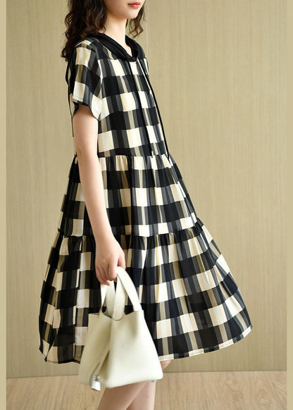 Black Plaid Hooded Patchwork Summer Cotton Dresses