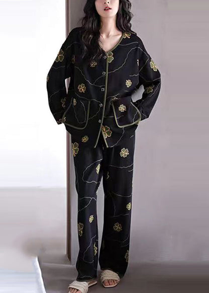 Black Print Button Cotton Two Pieces Set Long Sleeve