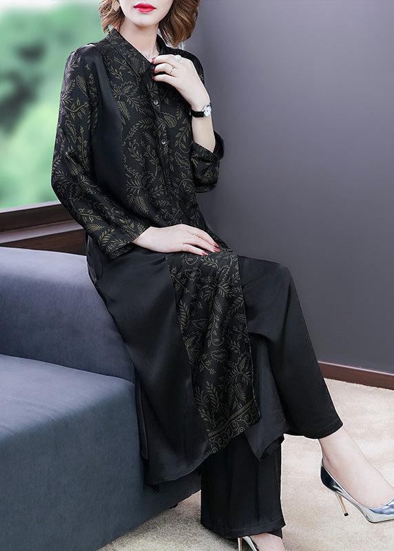 Black Print Button Silk Long Shirts and Wide Leg Pants Two Piece Set Long Sleeve