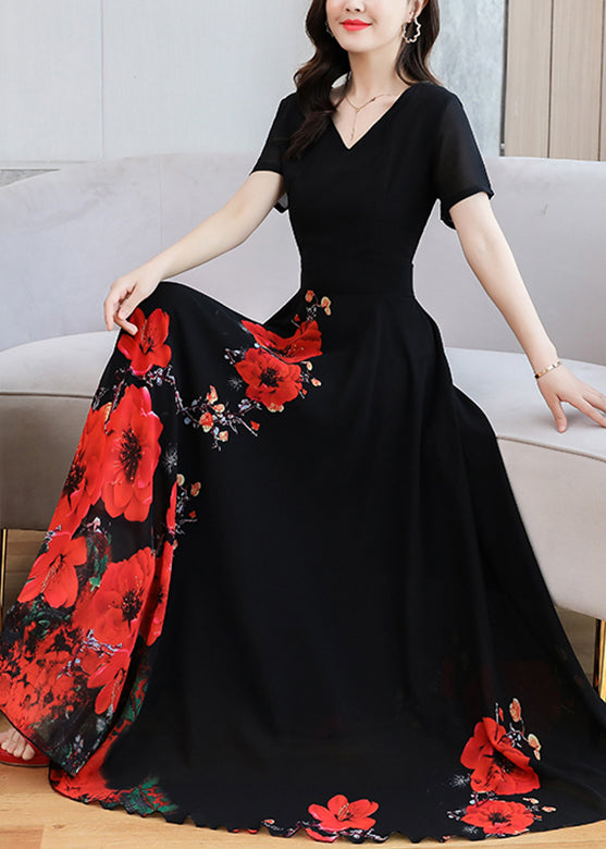 Black Print Chiffon Maxi Holiday Dress Summer