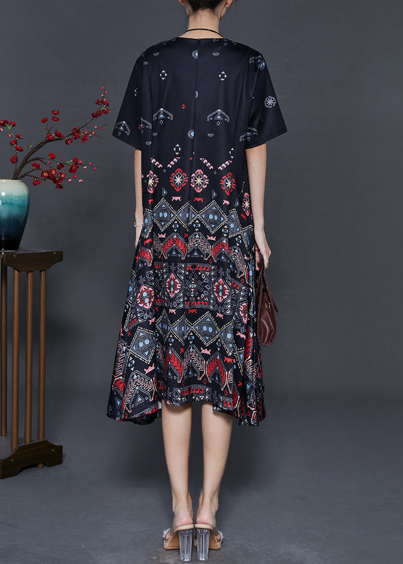 Black Print Exra Large Hem Silk Dresses Summer