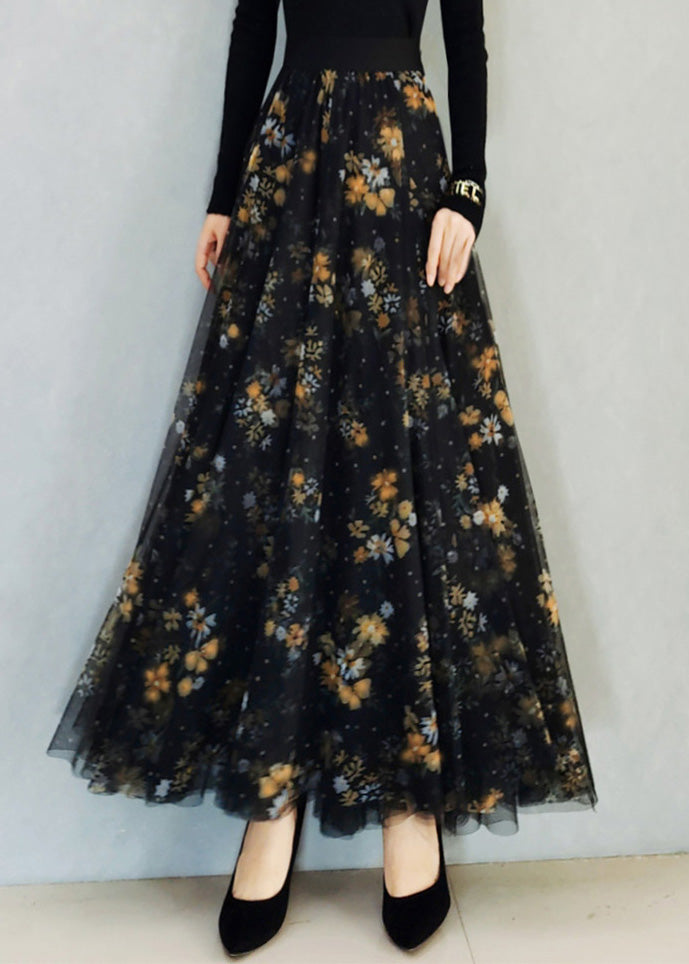Black Print High Waist Maxi Skirts Spring