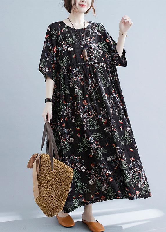Black Print O-neck Patchwork Summer Robe Dresses Half Sleeve