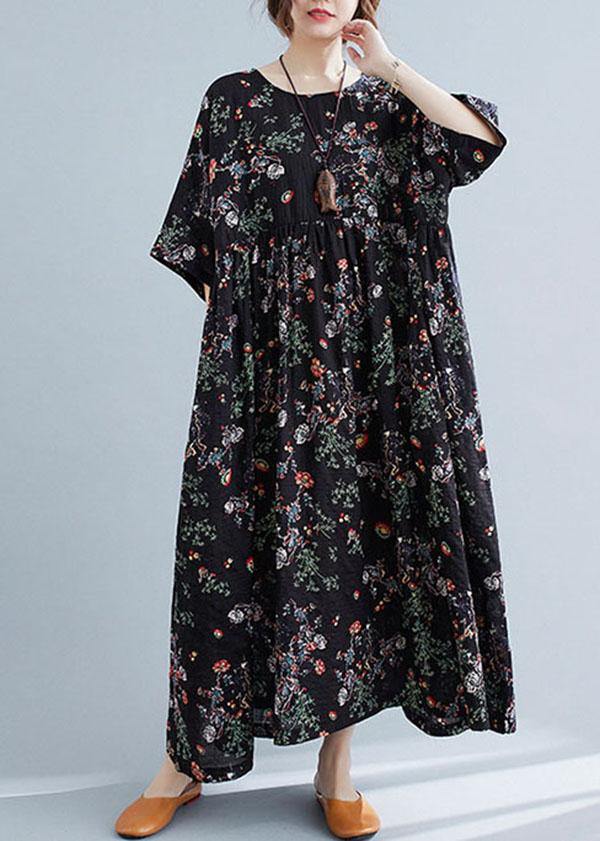 Black Print O-neck Patchwork Summer Robe Dresses Half Sleeve