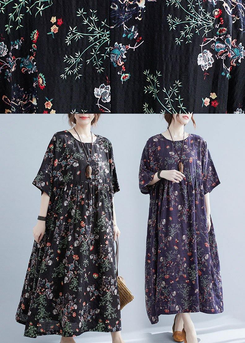 Black Print O-neck Patchwork Summer Robe Dresses Half Sleeve