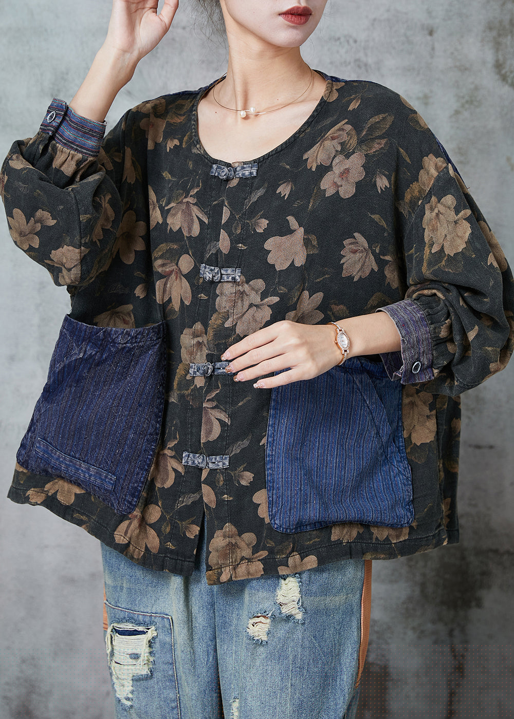Black Print Patchwork Pockets Linen Blouses Spring