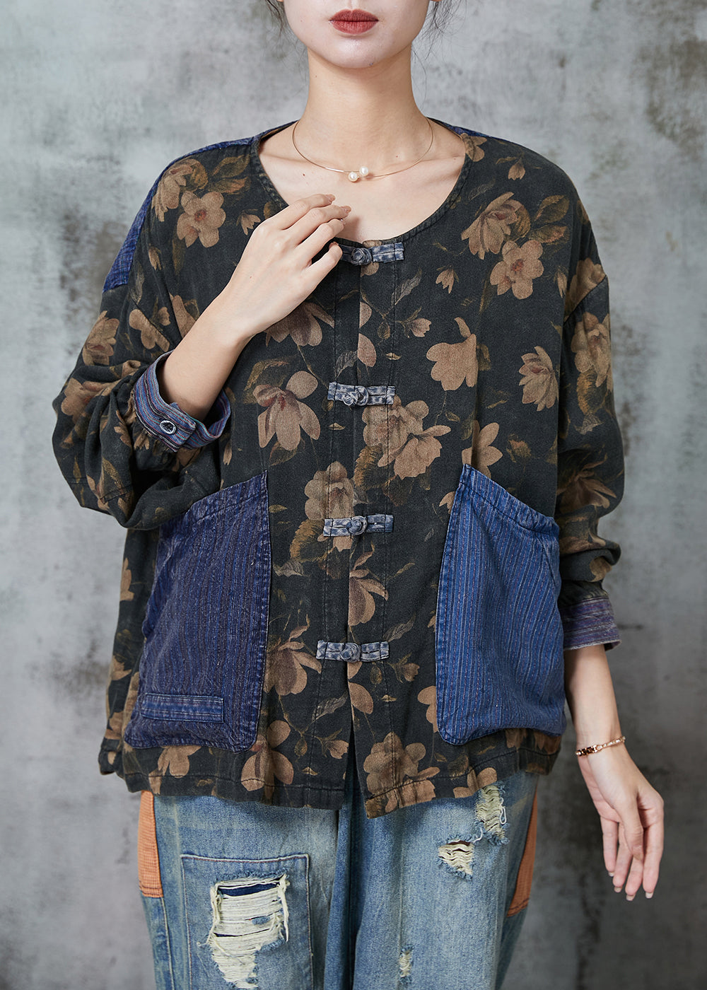 Black Print Patchwork Pockets Linen Blouses Spring