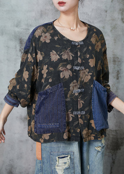 Black Print Patchwork Pockets Linen Blouses Spring