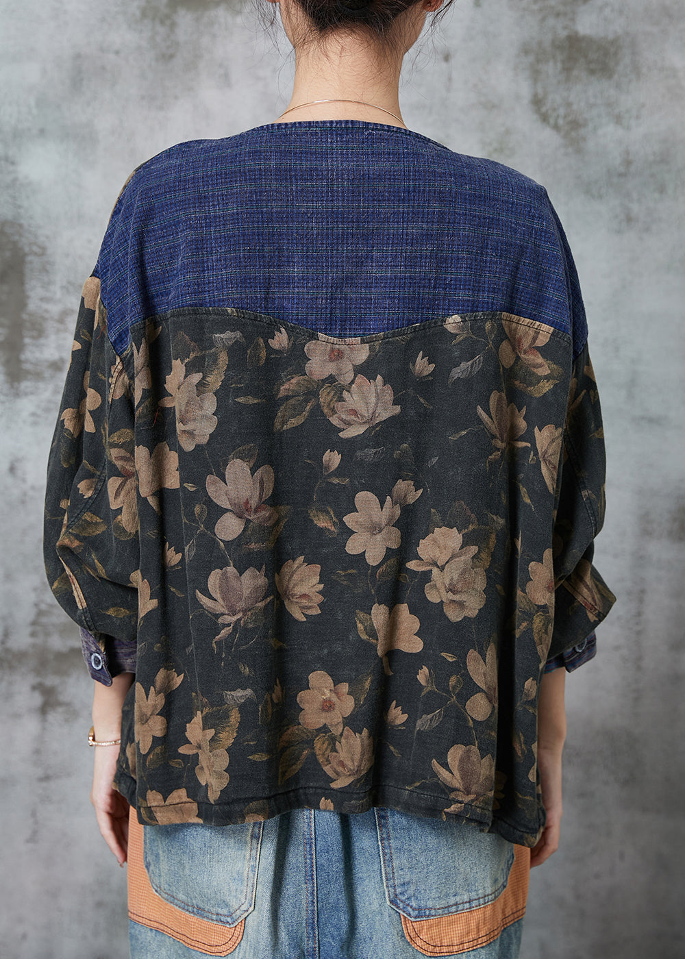 Black Print Patchwork Pockets Linen Blouses Spring
