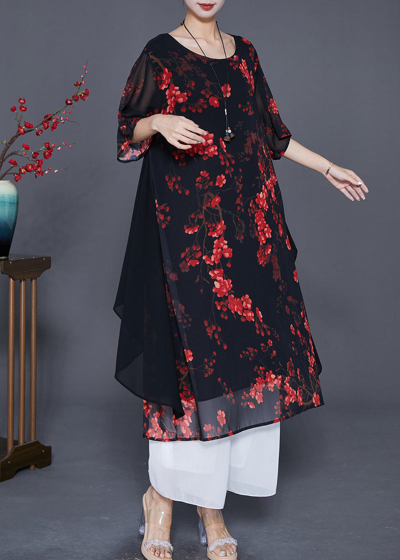 Black Print Patchwork Ruffles Chiffon Dresses Summer