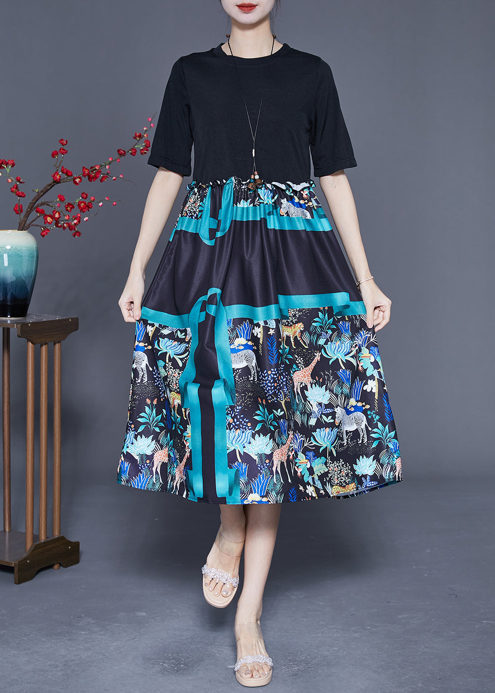 Black Ruffled Patchwork Print Cotton Dress Summer