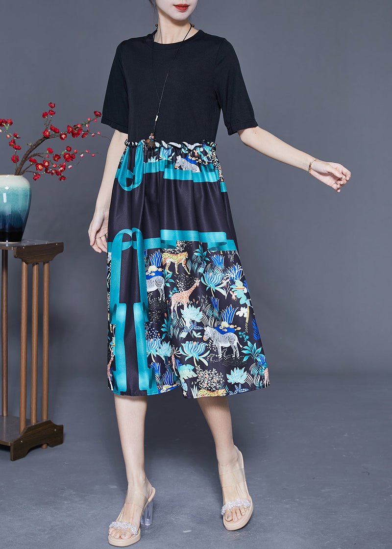 Black Ruffled Patchwork Print Cotton Dress Summer
