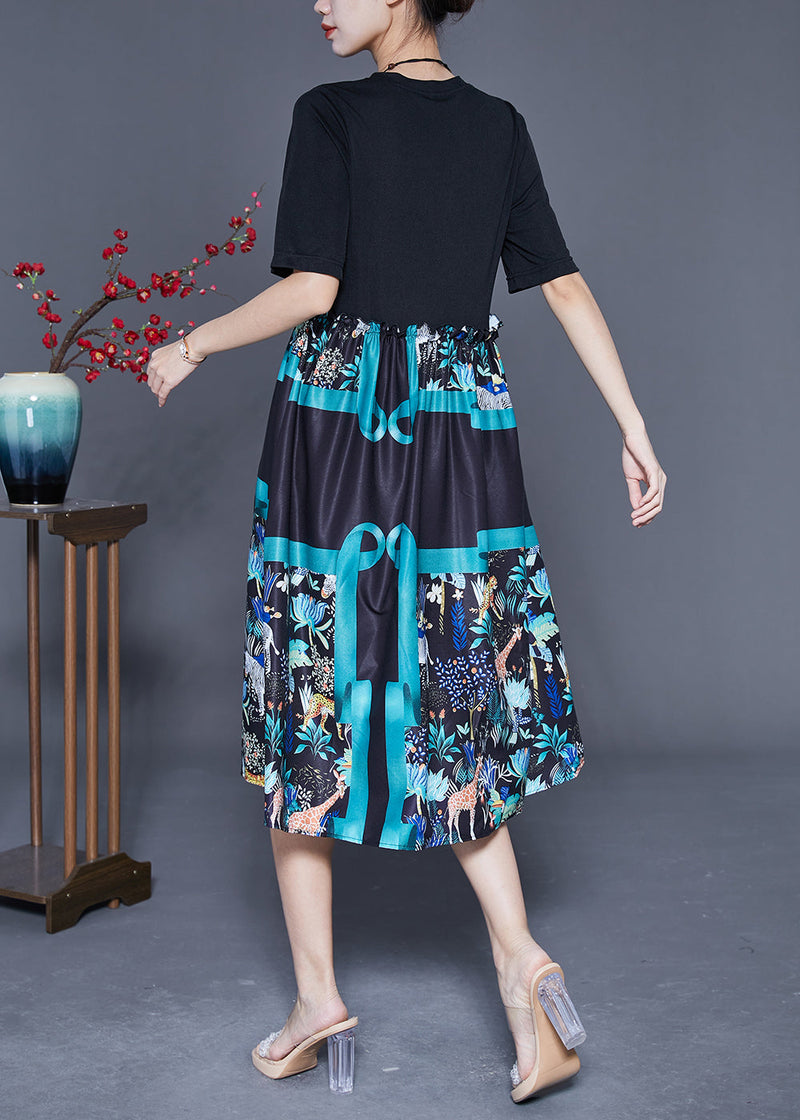 Black Ruffled Patchwork Print Cotton Dress Summer